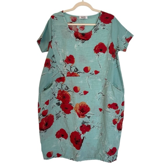 Helga May Italy Relaxed Linen Floral Short Sleeve Dress Light Blue Red Medium - Picture 1 of 6